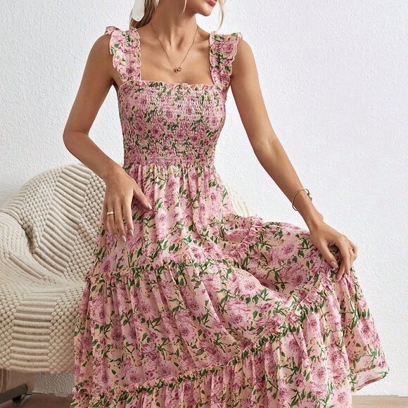 Multicolor Boho Womens Allover Floral Print Ruffle Hem Dress - Picture 1 of 5